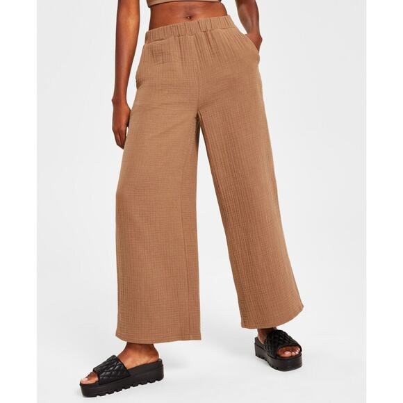 Jenni Women Sz 3X Brown Cotton Slash Pockets Elastic Waist Wide Leg Lounge Pant - Picture 1 of 3
